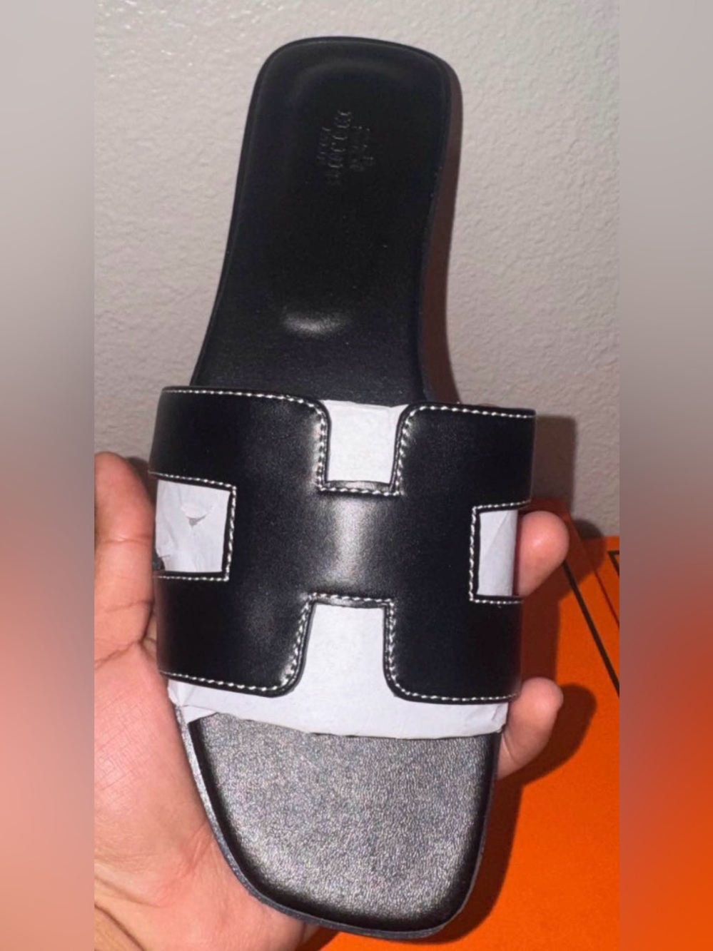 Black Leather Slide Sandal with White Contrast Stitching